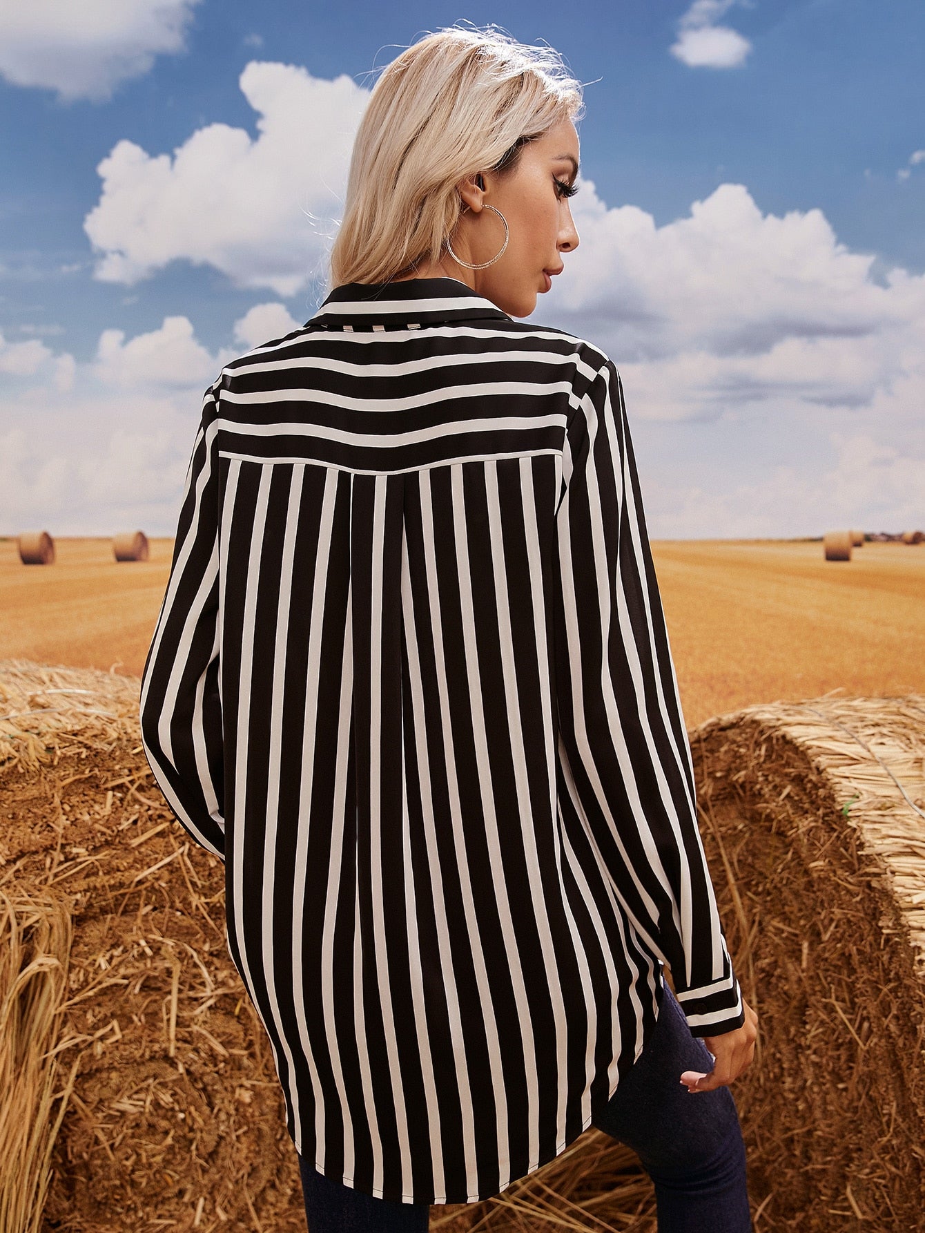 Striped Button Through Longline Blouse
