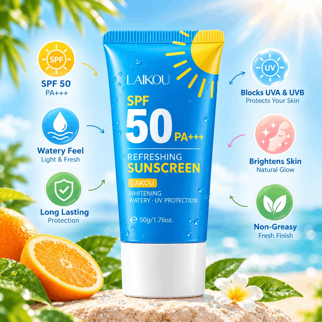LAIKOU Refreshing Sunscreen Whitening Watery Long Lasting UV Protection Sunblock 50g SPF 50+