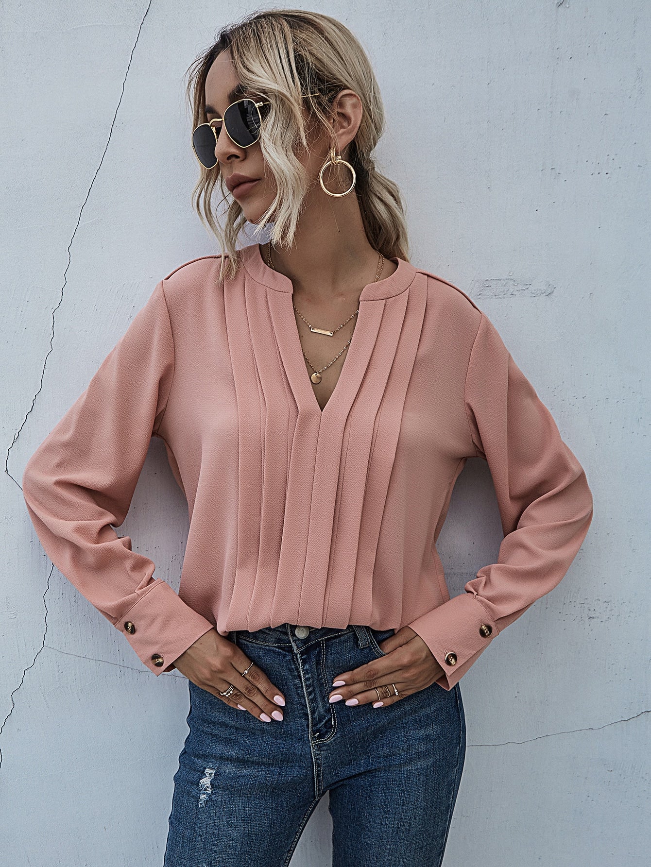 Solid Buttoned Cuff Notched Neck Blouse