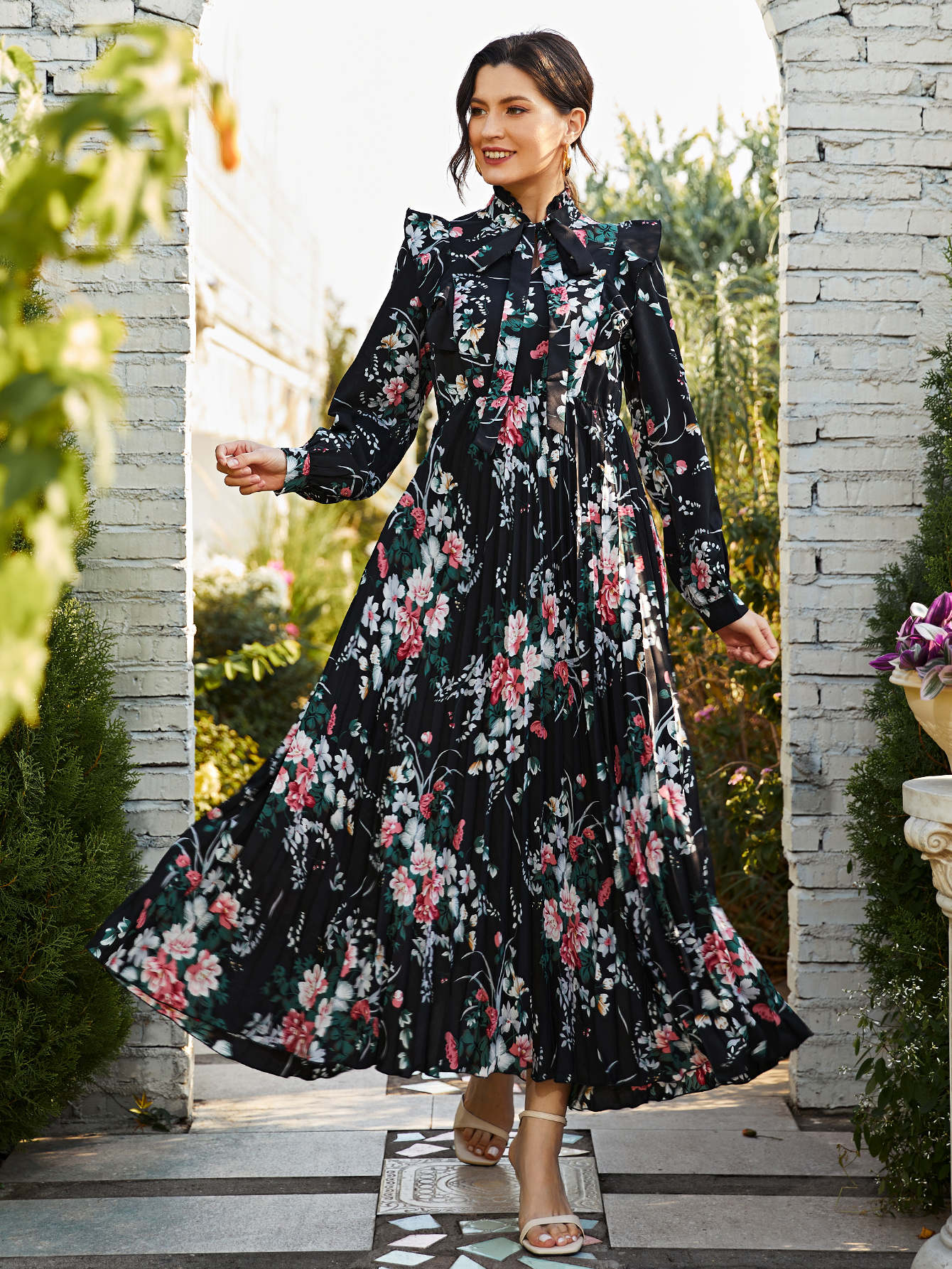 Tie Neck Allover Floral A-line Dress