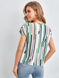 SHEIN Cutout V-neck Geo & Striped Print Top