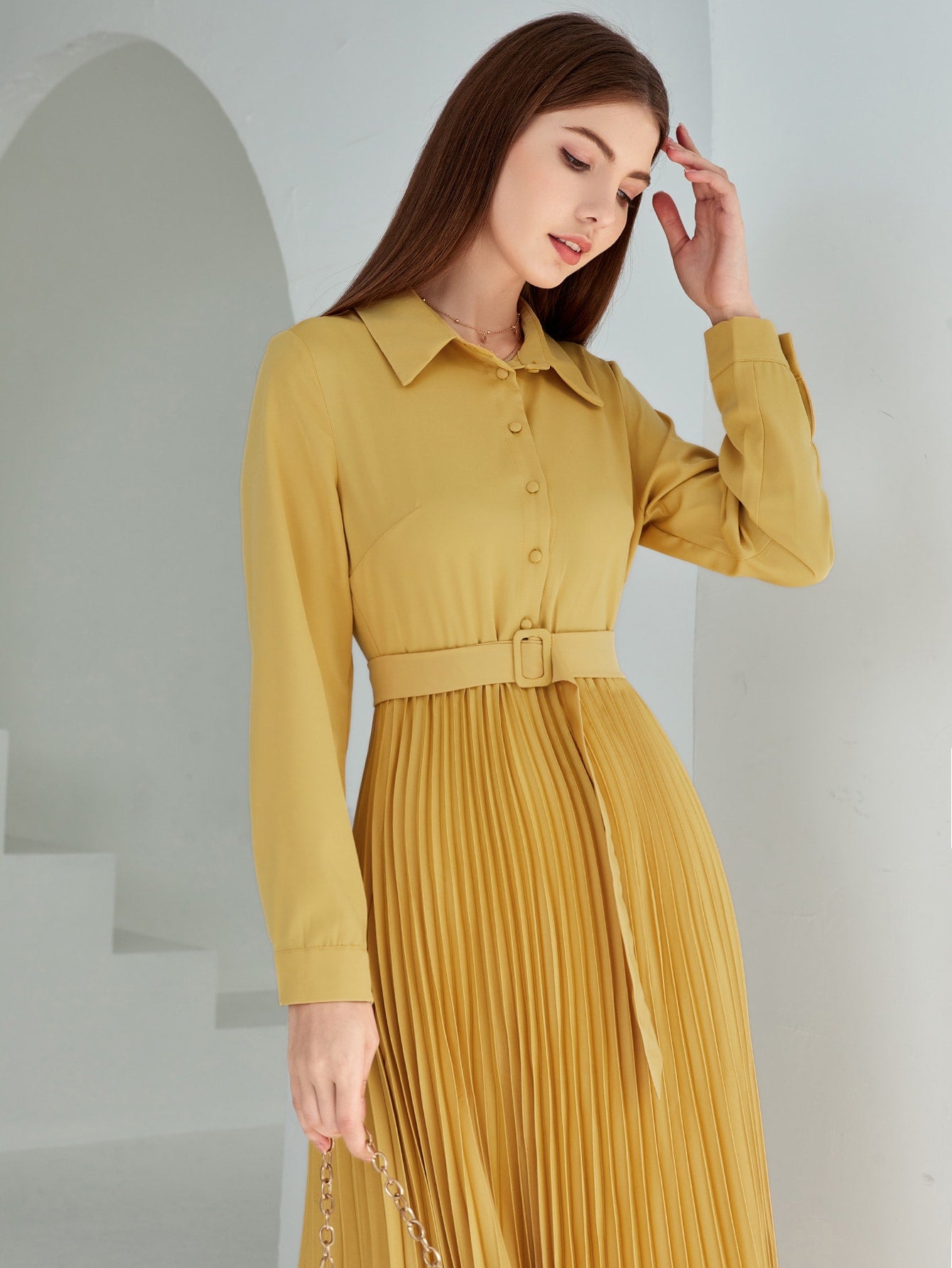 Solid Pleated Hem Belted Shirt Dress