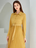 Solid Pleated Hem Belted Shirt Dress