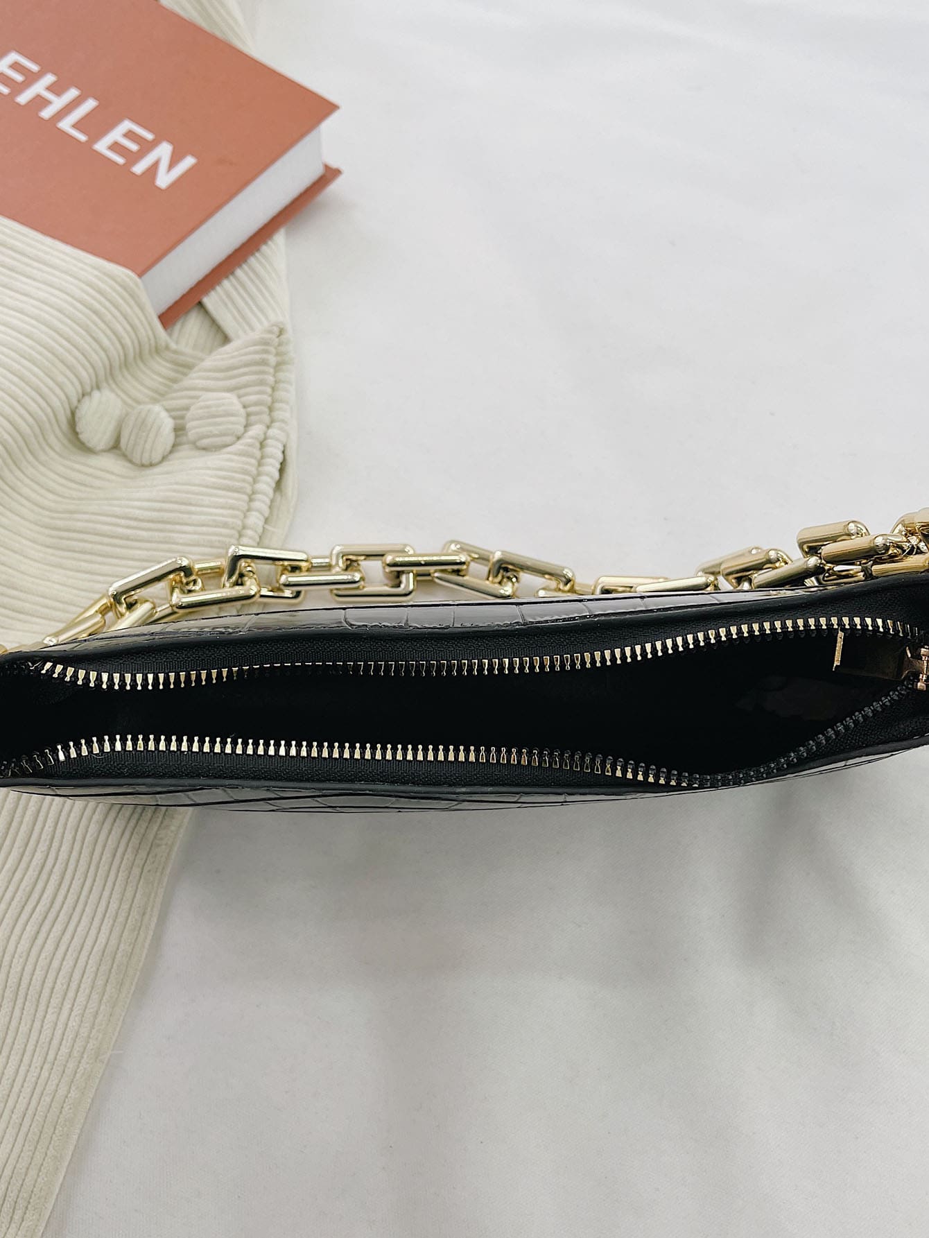 Croc Embossed Chain Baguette Bag